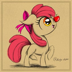 Size: 689x689 | Tagged: safe, derpibooru import, part of a set, apple bloom, earth pony, pony, apple, balancing, female, filly, foal, food, ponies balancing stuff on their nose, sketch, solo