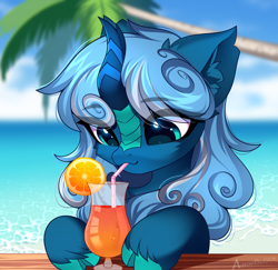 Size: 2342x2272 | Tagged: safe, artist:airiniblock, derpibooru import, oc, oc:vivid tone, kirin, pony, alcohol, chest fluff, cloven hooves, cocktail, commission, cute, drink, drinking straw, ear fluff, ears, eye clipping through hair, eyebrows, female, food, icon, mare, ocean, orange, palm tree, smiling, solo, tree, water, ych result
