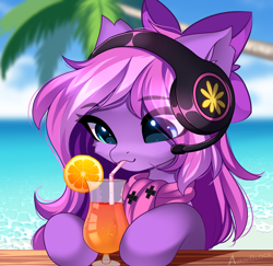 Size: 2342x2272 | Tagged: safe, artist:airiniblock, derpibooru import, oc, oc:lillybit, pony, alcohol, bow, chest fluff, cocktail, commission, cute, drink, drinking straw, ear fluff, ears, eye clipping through hair, eyebrows, female, food, headphones, headset, icon, mare, microphone, ocean, orange, palm tree, smiling, solo, tree, water, ych result