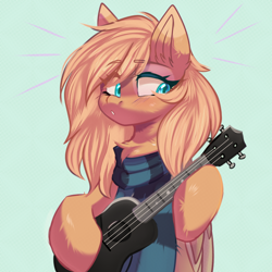 Size: 1000x1000 | Tagged: safe, artist:thieftea, derpibooru import, oc, oc:mirta whoowlms, pegasus, pony, blue background, blue eyes, blushing, chest fluff, clothes, musical instrument, scarf, simple background, solo, ukulele, wings