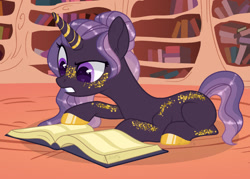 Size: 1280x915 | Tagged: safe, artist:katelynleeann42, derpibooru import, oc, oc:golden shimmer, pony, unicorn, book, female, lying down, mare, prone, solo