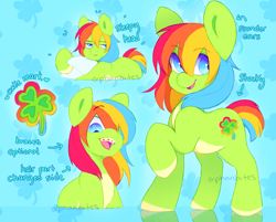 Size: 2011x1618 | Tagged: safe, artist:dewtuber, artist:orphanbites, derpibooru import, oc, oc only, oc:dew cloverheart, earth pony, pony, braces, earth pony oc, hair over one eye, looking at you, pillow, rainbow, reference sheet, smiling
