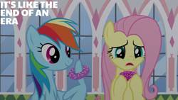 Size: 1920x1080 | Tagged: safe, derpibooru import, edit, edited screencap, editor:quoterific, screencap, fluttershy, rainbow dash, pegasus, pony, season 9, the ending of the end, spoiler:s09, donut, duo, female, food, mare, open mouth, smiling, text, wing hands, wings