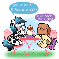 Size: 1300x1300 | Tagged: safe, artist:paperbagpony, derpibooru import, oc, oc only, oc:dot, oc:paper bag, earth pony, pony, blushing, dialogue, fake cutie mark, food, ice cream, seat, sitting