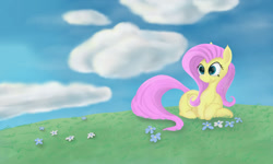 Size: 1280x768 | Tagged: safe, artist:kalivian, derpibooru import, fluttershy, pegasus, pony, chest fluff, cloud, female, flower, folded wings, grass, head turned, lying down, mare, outdoors, prone, sky, smiling, solo, wings