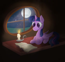 Size: 1280x1233 | Tagged: safe, artist:kalivian, derpibooru import, twilight sparkle, twilight sparkle (alicorn), alicorn, pony, atg 2021, book, candle, horn, moon, newbie artist training grounds, night, reading, solo, stars, window, wings