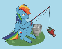 Size: 823x654 | Tagged: safe, artist:heartcade, derpibooru import, rainbow dash, fish, pegasus, pony, blue background, bucket, fishing, fishing rod, minecraft, pixel art, simple background, solo, wings