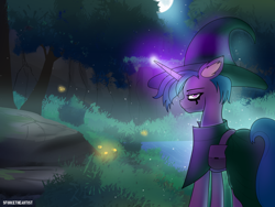Size: 1920x1440 | Tagged: safe, artist:sforcetheartist, derpibooru import, oc, oc only, oc:dim light, firefly (insect), insect, pony, unicorn, cape, clothes, forest, hat, moon, night, rock, solo, tree, water, witch hat