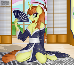Size: 1250x1083 | Tagged: safe, artist:virenth, derpibooru import, oc, oc:hime cut, anthro, unicorn, clothes, female, glasses, kimono (clothing), kneeling, looking at you, solo, solo female
