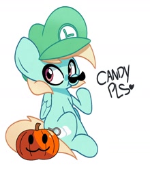 Size: 1618x1838 | Tagged: safe, artist:kindakismet, derpibooru import, oc, oc only, oc:cloud gazer, pegasus, pony, cap, facial hair, folded wings, halloween, hat, heart, luigi's hat, moustache, pumpkin, pumpkin carving, raised hoof, raised leg, simple background, sitting, solo, white background, wings