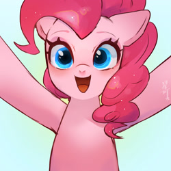 Size: 2400x2400 | Tagged: safe, artist:hosikawa, derpibooru import, pinkie pie, earth pony, pony, blue background, female, gradient background, green background, looking at you, mare, open mouth, open smile, simple background, smiling, smiling at you, solo