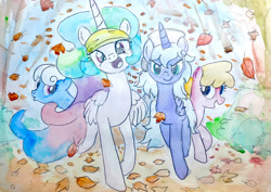 Size: 2812x1995 | Tagged: safe, artist:mandumustbasukanemen, derpibooru import, cherry berry, linky, princess celestia, princess luna, shoeshine, alicorn, earth pony, pony, autumn, forest, leaves, running of the leaves, traditional art, watercolor painting