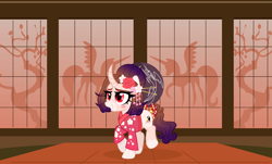 Size: 5501x3320 | Tagged: safe, artist:lillyleaf101, derpibooru import, oc, oc:moon petal, pony, unicorn, absurd resolution, base used, clothes, curved horn, female, hairpin, horn, kimono (clothing), mare, solo