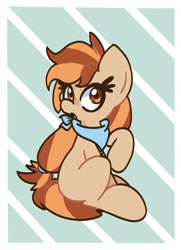 Size: 1800x2486 | Tagged: safe, artist:kindakismet, derpibooru import, oc, oc only, earth pony, pony, art trade, female, looking at you, mare, open mouth, raised hoof, raised leg, simple background, sitting, solo, striped background, white background
