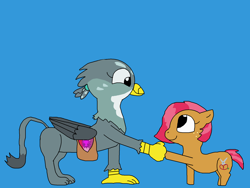 Size: 2000x1500 | Tagged: safe, artist:blazewing, derpibooru import, apple bloom, babs seed, gabby, scootaloo, sweetie belle, earth pony, griffon, pony, atg 2022, bag, blue background, colored background, cutie mark crusaders, drawpile, duo, duo female, female, filly, fist bump, foal, hoofbump, mailbag, newbie artist training grounds, simple background, smiling