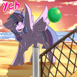 Size: 1780x1780 | Tagged: safe, artist:yuris, derpibooru import, oc, pony, advertisement, auction, auction open, ball, beach volleyball, commission, cute, ocean, red sky, sand, smiling, solo, sports, sunset, volleyball, volleyball net, water, ych sketch