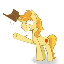 Size: 1024x1024 | Tagged: safe, artist:kindakismet, derpibooru import, braeburn, earth pony, pony, braeburn's hat, cowboy hat, hat, looking at something, male, profile, raised hoof, raised leg, simple background, smiling, solo, stallion, white background