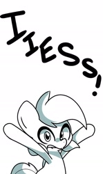 Size: 1299x2175 | Tagged: safe, artist:kindakismet, derpibooru import, pony, exclamation point, gray background, hooves in air, looking at you, monochrome, open mouth, simple background, solo, talking, white background