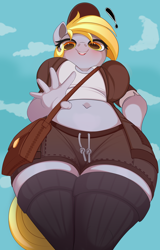 Size: 3000x4700 | Tagged: safe, alternate version, artist:nording, derpibooru import, derpy hooves, anthro, pegasus, bag, big breasts, breasts, clothes, derpy loaves, female, hand, hat, looking at you, low angle, mailbag, mailmare, mailmare hat, mailmare uniform, mailpony, solo, solo female, stockings, thigh highs, thighs, thunder thighs