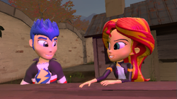 Size: 605x338 | Tagged: safe, artist:majinfreecell, derpibooru import, flash sentry, sunset shimmer, equestria girls, 3d, female, flashimmer, looking at each other, looking at someone, male, shipping, source filmmaker, straight