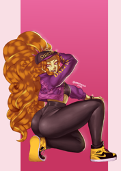 Size: 1754x2480 | Tagged: safe, artist:nire, derpibooru import, adagio dazzle, equestria girls, adagio dat-azzle, breasts, butt, cap, clothes, curvy, ear piercing, earring, eyeshadow, female, hat, jacket, jewelry, large butt, leggings, lidded eyes, lipstick, looking at you, looking back, looking back at you, makeup, midriff, mole, nail polish, piercing, shoes, small breasts, smiling, smiling at you, solo, spiked wristband, thick, tight clothing, wide hips, wristband