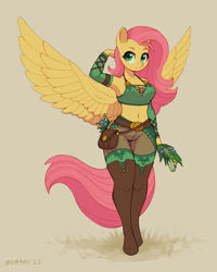 Size: 1600x2000 | Tagged: safe, artist:asimos, derpibooru import, fluttershy, anthro, pegasus, unguligrade anthro, adventurer, arm behind head, arm warmers, bag, belly button, belt, boots, breasts, cleavage, clothes, female, herbalist, hoof boots, hootershy, legs, mare, midriff, plant, sexy, shoes, short shirt, socks, solo, spread wings, thigh boots, thigh gap, thigh highs, thighs, underass, wide hips, wings