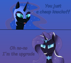 Size: 2528x2250 | Tagged: safe, artist:enteryourponyname, derpibooru import, nightmare moon, nightmare rarity, pony, 2 panel comic, comic, dialogue, ethereal mane, evil grin, gradient background, grin, helmet, jewelry, reference, simple background, smiling, starry mane, text