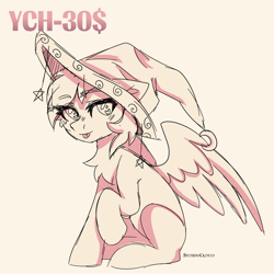 Size: 2500x2500 | Tagged: safe, artist:stormcloud, derpibooru import, oc, oc only, pony, :p, any race, chest fluff, commission, hat, looking at you, raised hoof, raised leg, sitting, solo, tongue, tongue out, your character here