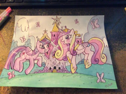 Size: 900x673 | Tagged: safe, artist:marybellamy, derpibooru import, princess cadance, twilight sparkle, twilight sparkle (alicorn), alicorn, butterfly, commission, dancing, happy, san diego comic con, sisters-in-law, sunshine sunshine, traditional art, twilight's castle