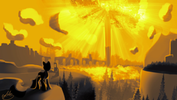 Size: 3840x2160 | Tagged: safe, artist:tyleks, derpibooru import, earth pony, pony, atg 2022, background, elden ring, game, high res, monochrome, newbie artist training grounds, ponified, scenery, solo, tree
