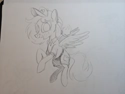 Size: 2048x1536 | Tagged: safe, artist:mellodillo, derpibooru import, oc, oc only, pegasus, pony, female, flying, grayscale, grin, mailmare, mailpony uniform, mare, monochrome, pencil drawing, smiling, solo, traditional art