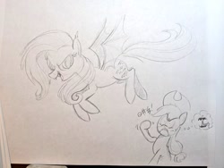 Size: 1024x768 | Tagged: safe, artist:mellodillo, derpibooru import, applejack, fluttershy, bat pony, earth pony, pony, angry, bat ponified, duo, female, flutterbat, flying, grayscale, mare, monochrome, pencil drawing, race swap, shaking hoof, species swap, thought bubble, traditional art