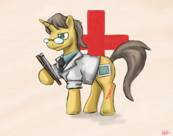 Size: 4769x3766 | Tagged: safe, artist:kuda, doctor stable, unicorn, clipboard, doctor's coat, fanfic art, glasses, necktie, vision