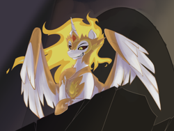 Size: 1600x1200 | Tagged: safe, artist:kuda, daybreaker, alicorn, female, grin, mare, partially open wings, sharp teeth