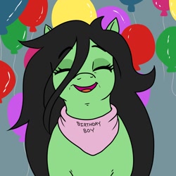 Size: 1200x1200 | Tagged: safe, artist:pony quarantine, ponerpics import, oc, oc:anon-mare, earth pony, pony, balloon, bib, birthday, female, happy, mare, solo, solo female