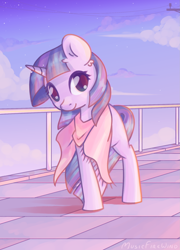 Size: 1369x1898 | Tagged: safe, artist:musicfirewind, derpibooru import, twilight sparkle, unicorn twilight, pony, unicorn, clothes, female, looking at you, mare, railing, scarf, smiling, solo