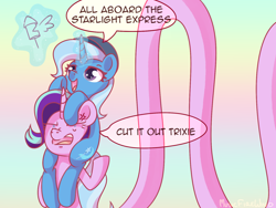 Size: 1600x1200 | Tagged: safe, alternate version, artist:musicfirewind, derpibooru import, starlight glimmer, trixie, pony, unicorn, angry, cross-popping veins, duo, inconvenient trixie, long glimmer, long pony, ponies riding ponies, riding, speech bubble, trixie riding starlight glimmer