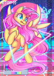 Size: 2480x3508 | Tagged: safe, artist:musicfirewind, derpibooru import, fluttershy, pegasus, pony, distortion, female, high res, mare, open mouth, retrowave, solo, spread wings, synthwave, vaporwave, wings