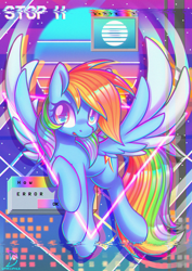 Size: 2480x3508 | Tagged: safe, artist:musicfirewind, derpibooru import, rainbow dash, pegasus, pony, absurd file size, colored wings, distortion, female, high res, looking at you, mare, open mouth, solo, spread wings, vaporwave, wings