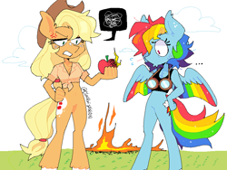 Size: 827x621 | Tagged: dead source, safe, artist:clockwiseleon, derpibooru import, applejack, rainbow dash, anthro, earth pony, pegasus, apple, appledash, barbie doll anatomy, bottomless, clothes, colored wings, duo, duo female, featureless crotch, female, fire, food, front knot midriff, goggles, lesbian, mare, midriff, multicolored wings, nudity, partial nudity, rainbow wings, shipping, shirt, simple background, white background, wings