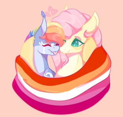 Size: 2684x2549 | Tagged: safe, artist:jezebel_remedy, derpibooru import, fluttershy, rainbow dash, pegasus, pony, bust, eyes closed, female, flag, floating heart, flutterdash, heart, lesbian, lesbian pride flag, mare, pink background, pride, pride flag, shipping, simple background, tongue, tongue out