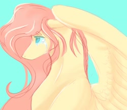 Size: 3000x2600 | Tagged: safe, artist:jezebel_remedy, derpibooru import, fluttershy, pegasus, pony, bust, crying, ears, female, floppy ears, mare, profile, simple background, solo, teal background