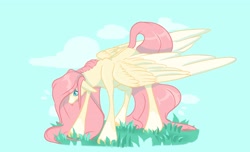 Size: 3044x1851 | Tagged: safe, artist:jezebel_remedy, derpibooru import, fluttershy, pegasus, pony, blue background, cloud, ears, female, floppy ears, folded wings, grass, head down, large wings, mare, simple background, solo, tongue, tongue out, wings
