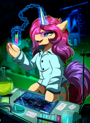 Size: 2582x3509 | Tagged: safe, artist:pridark, derpibooru import, oc, oc only, oc:queen fylifa, pony, unicorn, button-up shirt, chemicals, clothes, disguise, disguised changeling, flask, frog (hoof), glasses, horn, laboratory, mad scientist, magic, shirt, solo, telekinesis, test tube, underhoof, unicorn oc