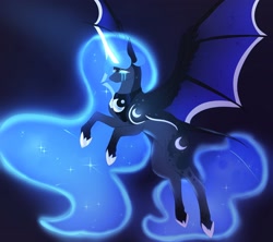 Size: 3502x3113 | Tagged: safe, artist:jezebel_remedy, derpibooru import, princess luna, alicorn, pony, bat wings, crying, female, flying, glowing, glowing horn, high res, horn, magic, magic aura, mare, solo, spread wings, wings