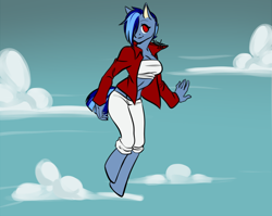 Size: 1002x799 | Tagged: safe, artist:sexybloody, derpibooru import, oc, oc only, anthro, earth pony, unguligrade anthro, clothes, cloud, earth pony oc, female, flying, hair over one eye, levitation, magic, midriff, pants, signature, smiling, telekinesis