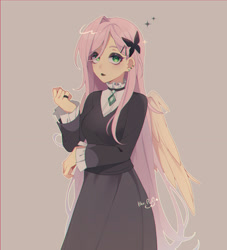Size: 2375x2612 | Tagged: safe, artist:hikari_aoq, derpibooru import, fluttershy, human, clothes, dress, eyeshadow, fluttergoth, humanized, looking at you, makeup, pony coloring, simple background, solo, winged humanization, wings