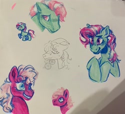 Size: 3325x3024 | Tagged: safe, artist:breakcqrpse, derpibooru import, minty, pinkie pie, pinkie pie (g3), earth pony, g3, female, highlighter, lesbian, mintypie, shipping, simple background, traditional art