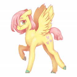 Size: 2048x2048 | Tagged: safe, artist:mobylace, derpibooru import, fluttershy, pegasus, pony, alternate hairstyle, female, looking at you, mare, raised hoof, raised leg, short hair, short mane, short tail, simple background, smiling, smiling at you, solo, tail, white background