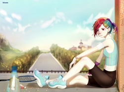 Size: 2560x1890 | Tagged: safe, artist:kinuwa, derpibooru import, rainbow dash, human, equestria girls, badminton, bandaid, clothes, compression shorts, shoes, shuttlecock, solo, tennis racket, water bottle